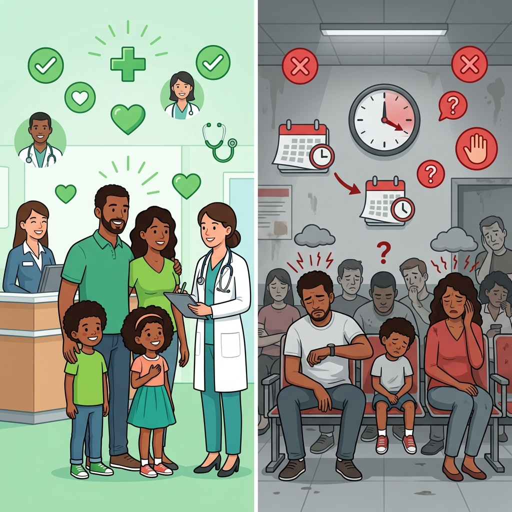 Com Multiplanos: família feliz no médico. Sem Multiplanos: espera e frustracao