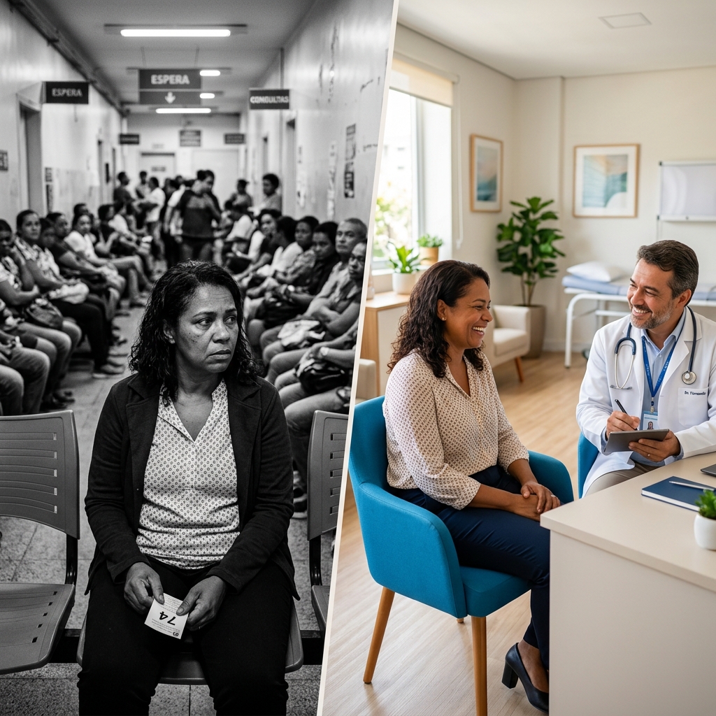 Antes: espera lotada no SUS. Depois: consulta rápida no Multiplanos